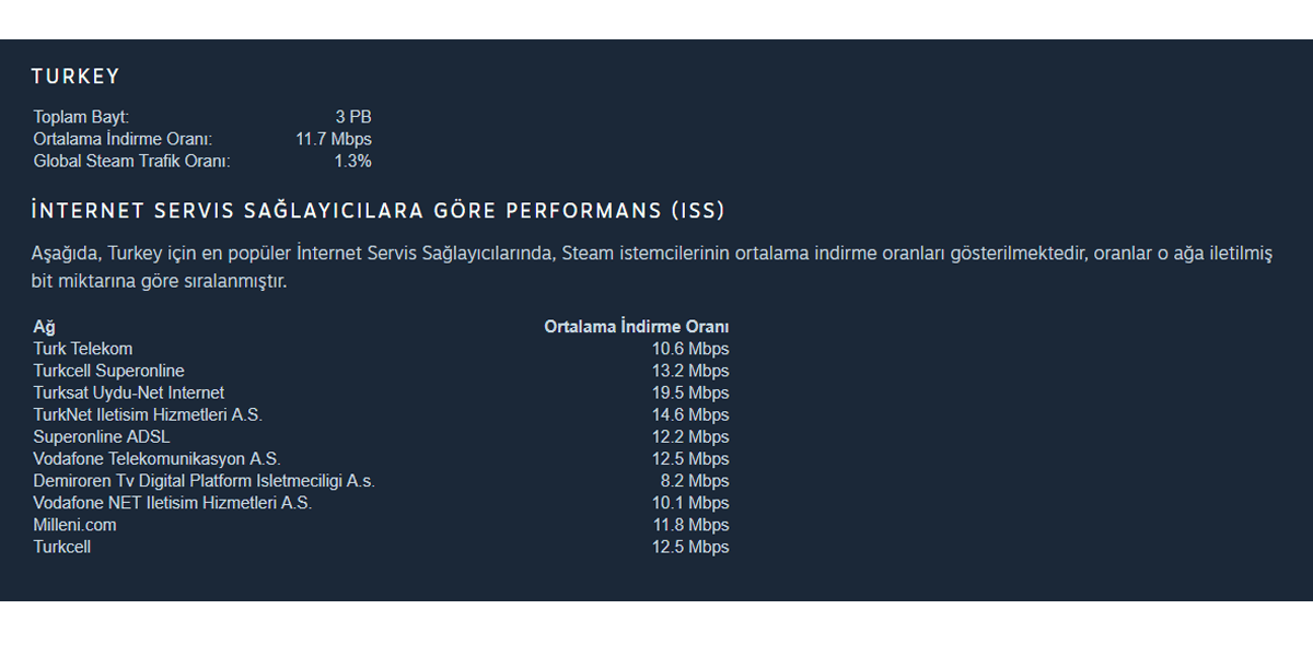 Steam Türkiye İnternet Hız Verileri